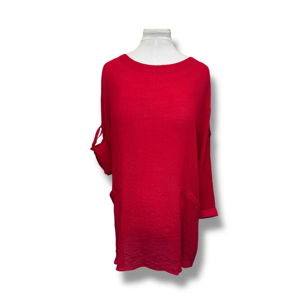 Umgee Women’s Long Sleeve Gauzy Lightweight A-Line Tunic Dress Red XL